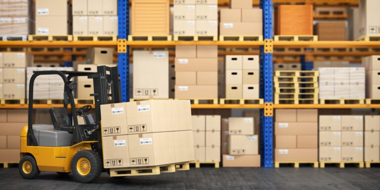 Forklift truck in storage warehouse. Fork lift lifting pallet wi Forklift truck in storage warehouse. Fork lift lifting pallet with cardboard boxes. 3d illustration