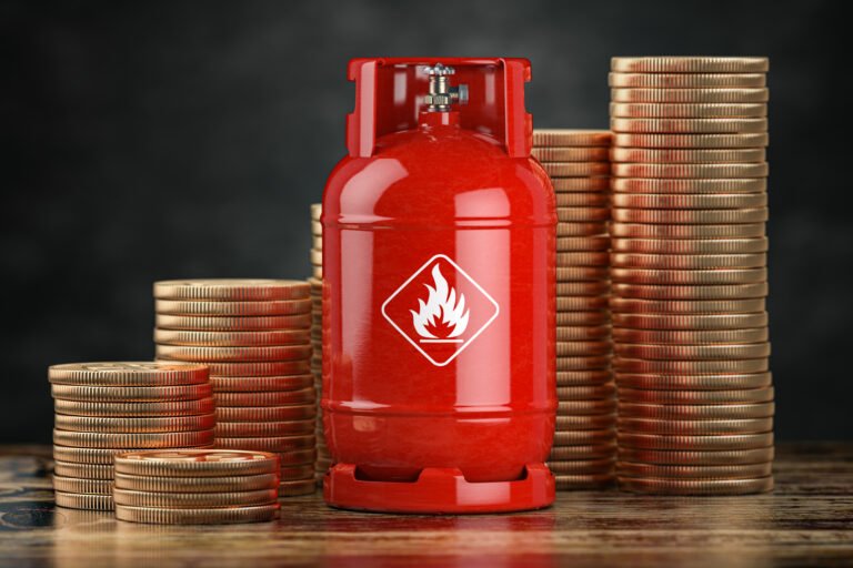 Gas bottle and stack of coins. Growth of price of LPG propane ga Gas bottle and stack of coins. Growth of price of LPG propane gas concept. 3d illustration